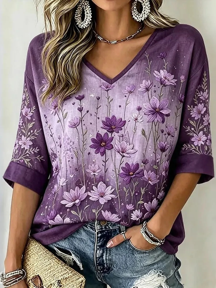 Women's Retro Floral Pattern Linen Blend Casual V-neck Three-quarter Sleeve T-shirt