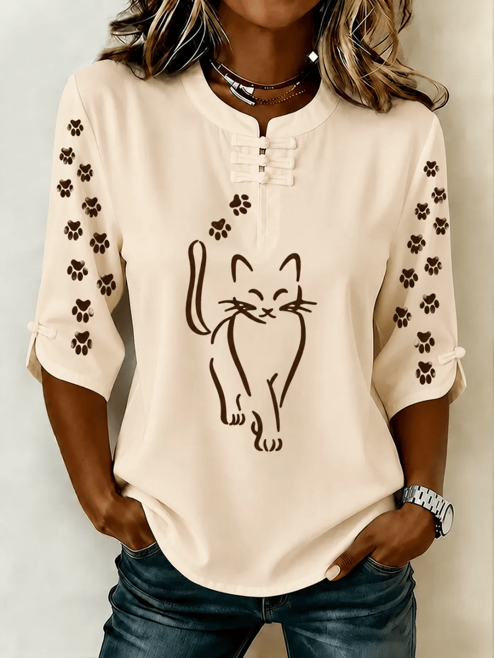 Women's Cute Cat Print Button-Up Top