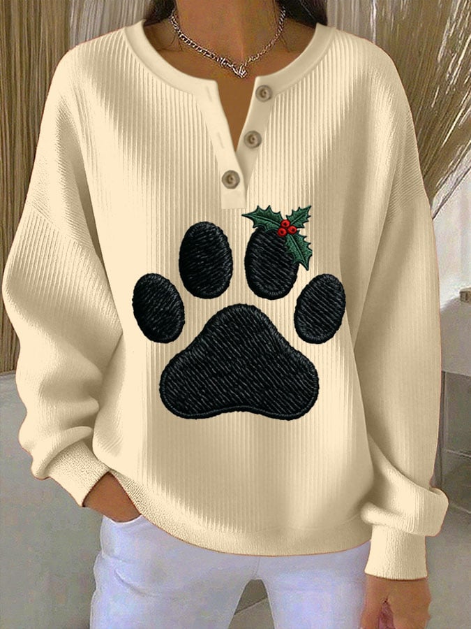 Women's Paw Print Knitted Crew Neck Long Sleeve Top