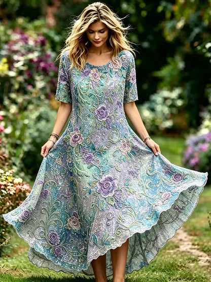 Women's Vintage Floral Embroidered Linen Blend Casual Round Neck Short Sleeve Long Dress