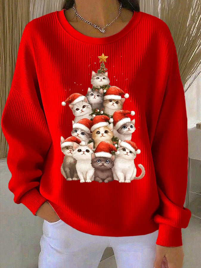 Women's Christmas Cat Print Knit Crew Neck Long Sleeve Top