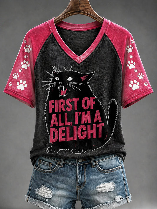 Women's Grumpy Kitten Print V-Neck Top