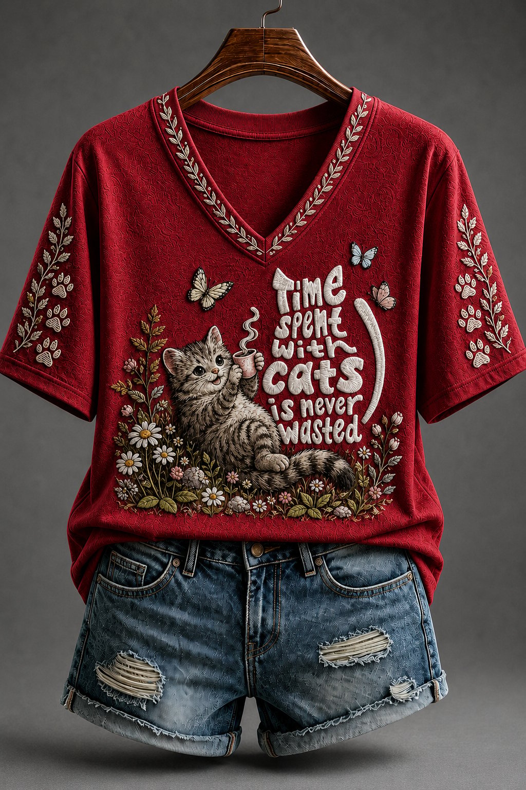Women's Cat Print V-Neck Top