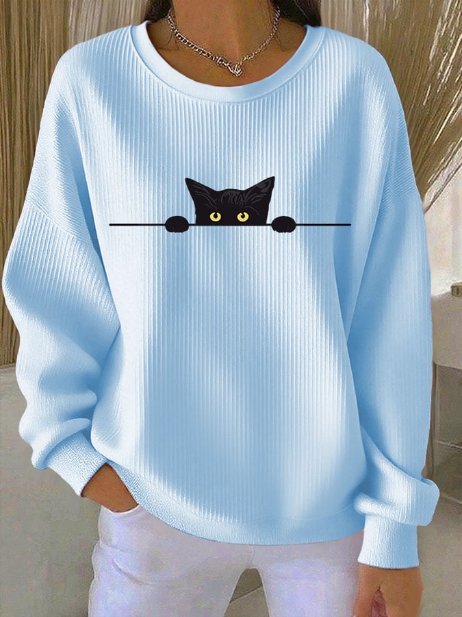 Women's Cat Print Knit Crew Neck Long Sleeve Top