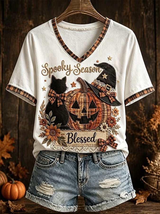 Women's Halloween Scary Pumpkin Face Cat Art Print Top