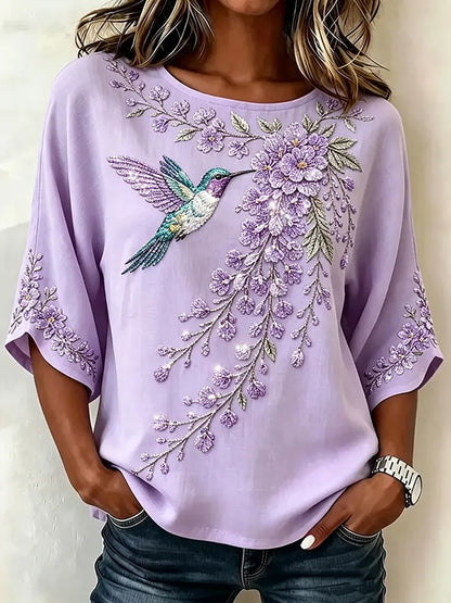 Women's Retro Purple Floral And Bird Pattern Casual Top