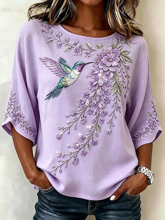Women's Retro Purple Floral And Bird Pattern Casual Top