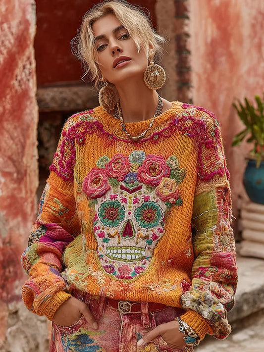 Women's Classic Mexican Sugar Skeleton Catrina Day Of The Dead Inspired Painting Embroidered Art Cozy Knitted Sweater
