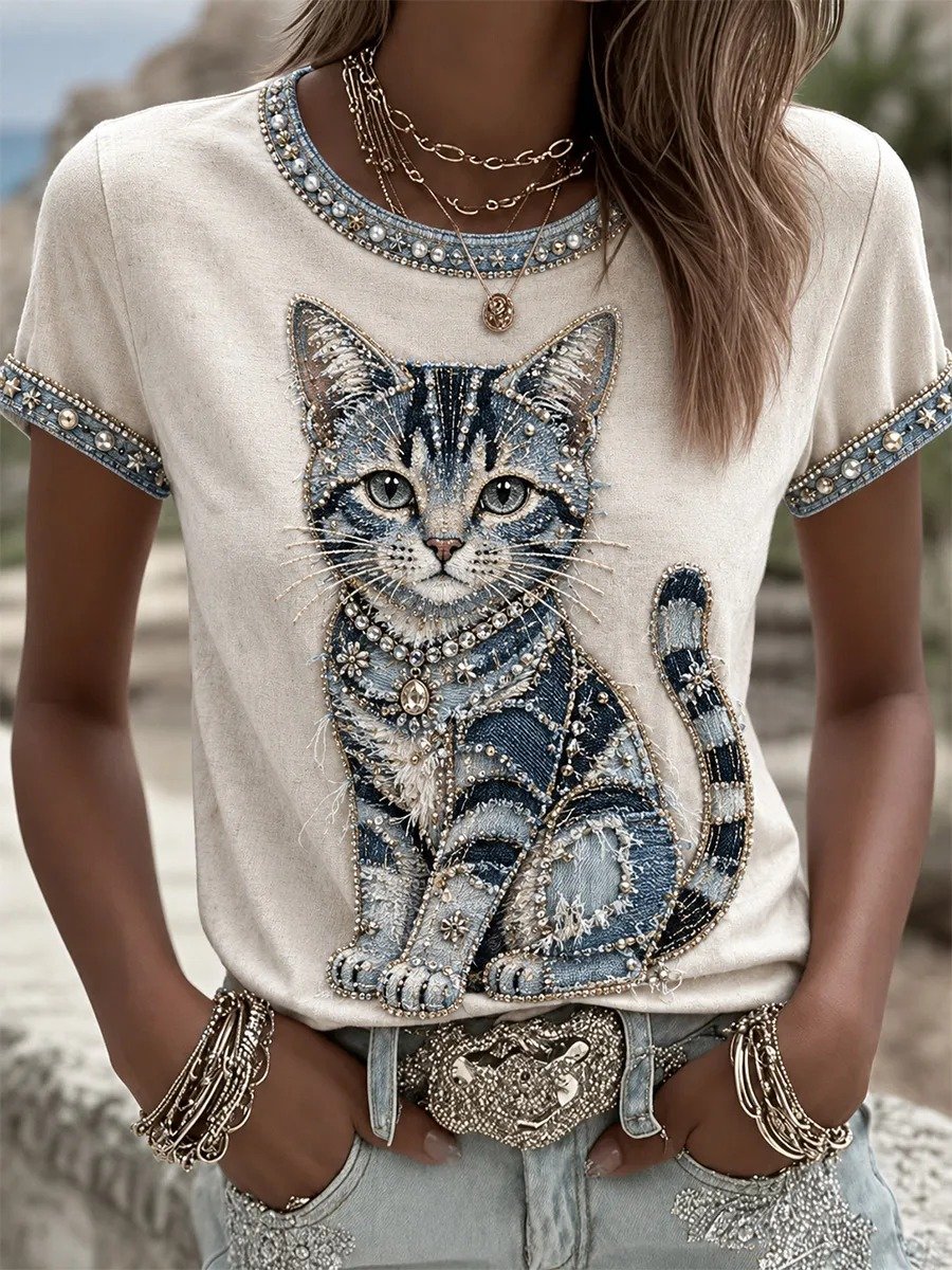 Women's Casual Crew-Neck T-Shirt with Faux-Denim Cat Print