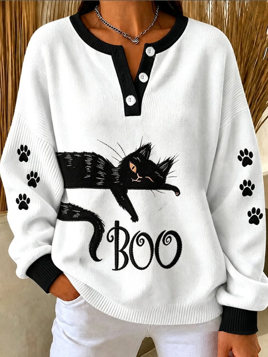 Women's Casual Black Cat Print Knit Top for Halloween