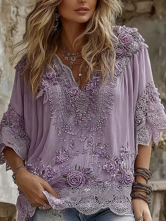 Women's Retro Purple Floral Embroidery Casual Mid-sleeve T-shirt