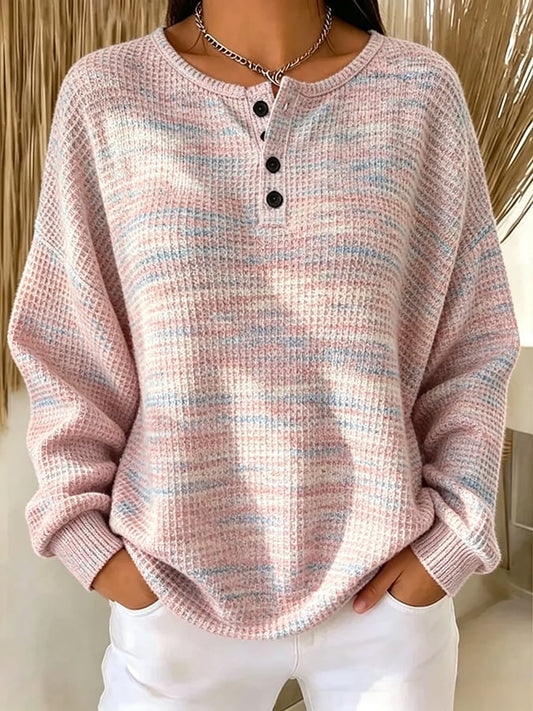 Women's Casual Printed Waffle-Knit Henley Sweatshirt
