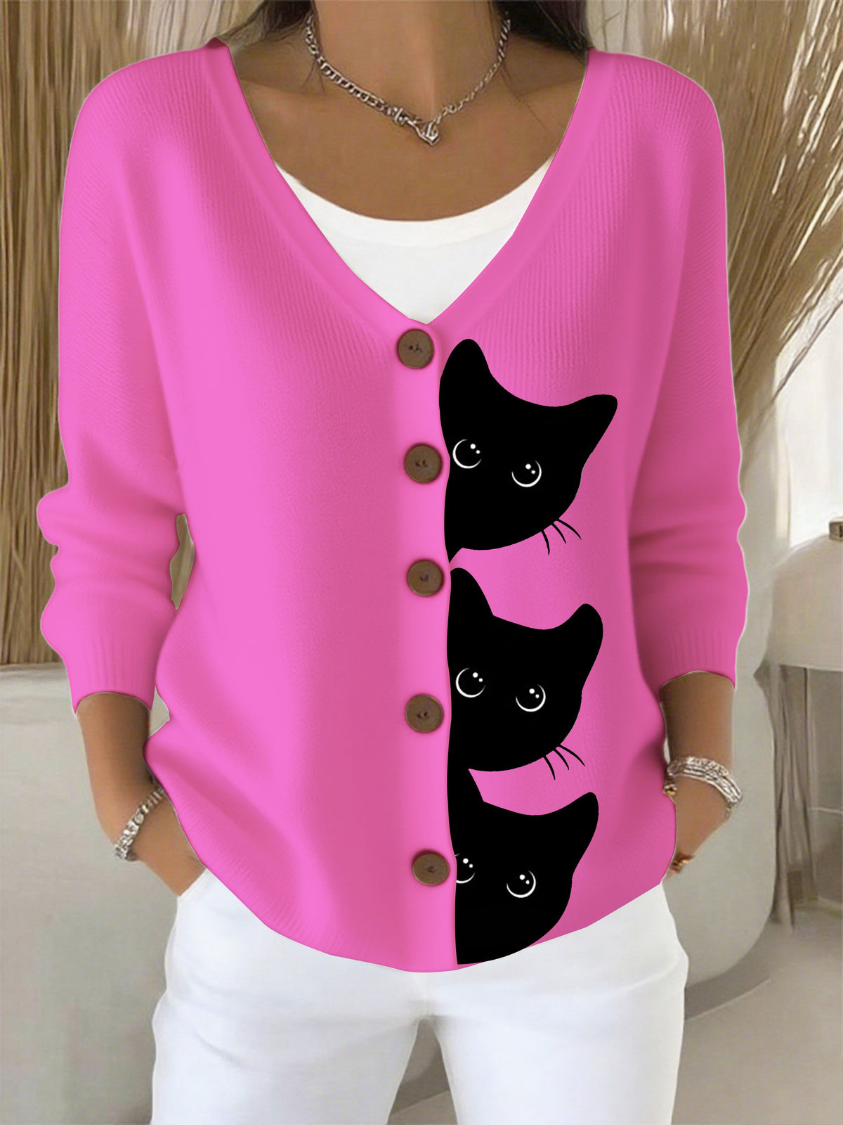 Women's Halloween Fun Black Cat Print Cardigan Sweater