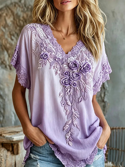 Women's Vintage Floral Art Flowy Linen Blend Casual Tops