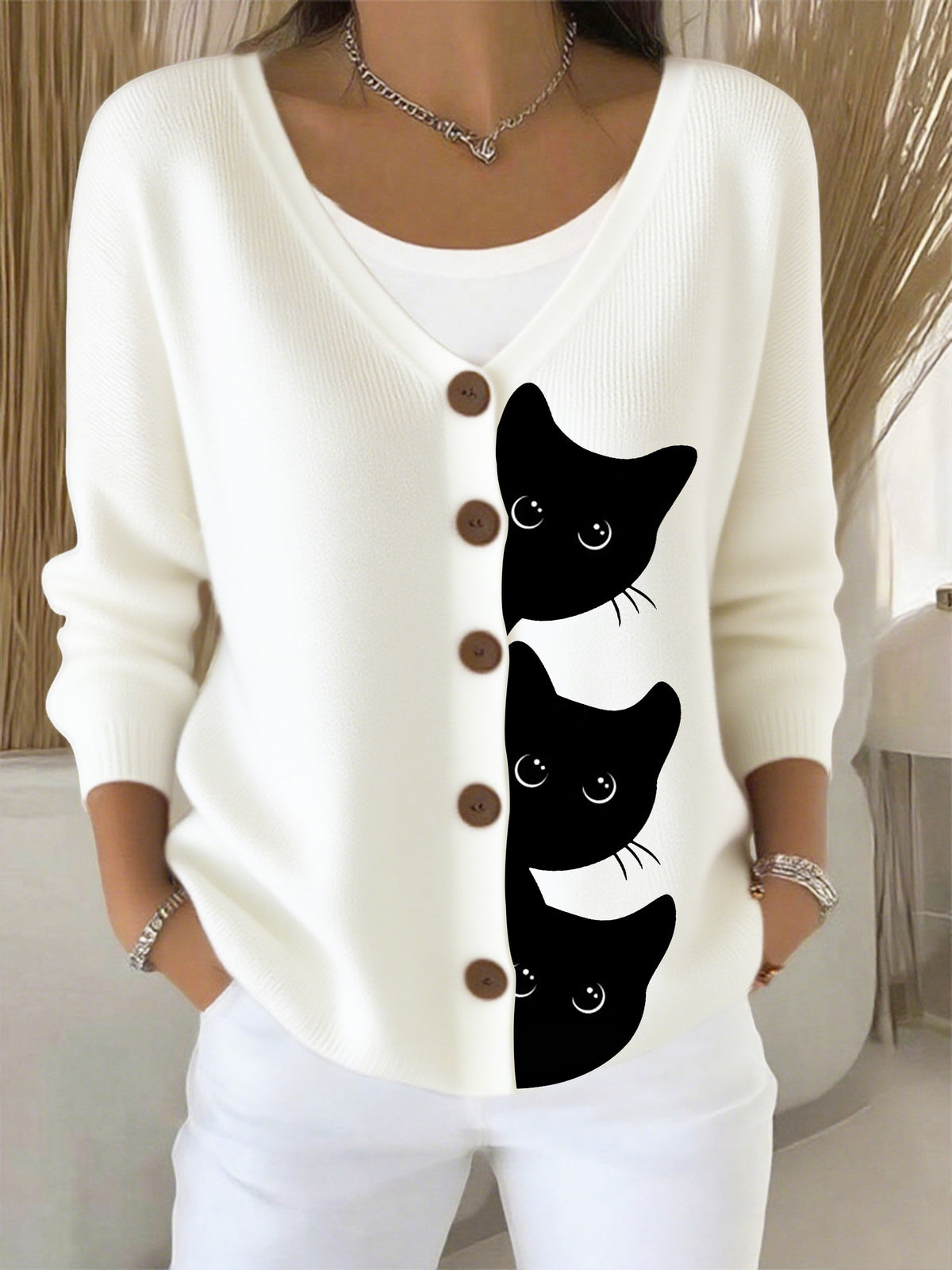 Women's Halloween Fun Black Cat Print Cardigan Sweater