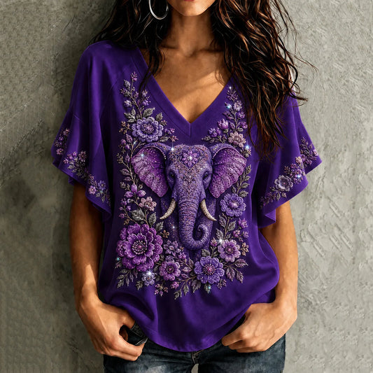 Women's Vintage Elephant And Floral Embroidery Art V-neck T-shirt