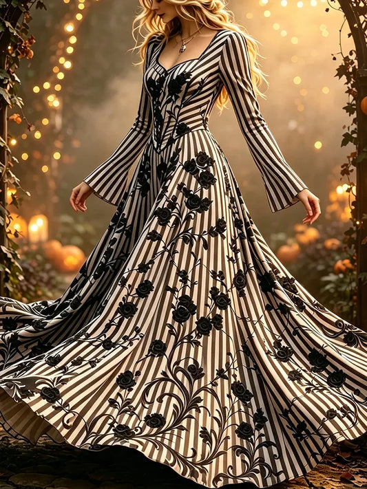 Women's Retro Halloween Striped And Floral V-neck Dress