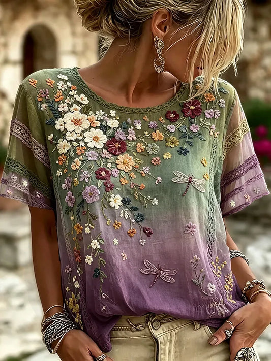 Women's Colorful Patchwork Big-eyed Black Cat And Floral Print Short Sleeve T-shirt