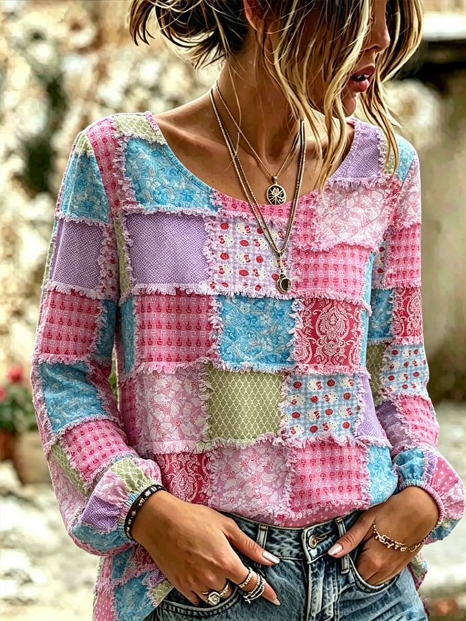 Women's Retro Floral Print Long-Sleeved Top
