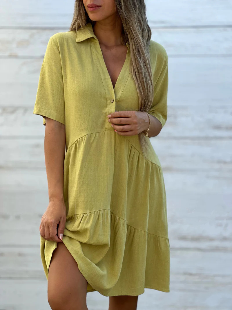 Cotton Linen V-Neck Button Shirt Dress
