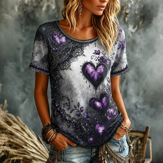 Women's Retro Heart Floral Dark Round Neck Short Sleeve T-shirt