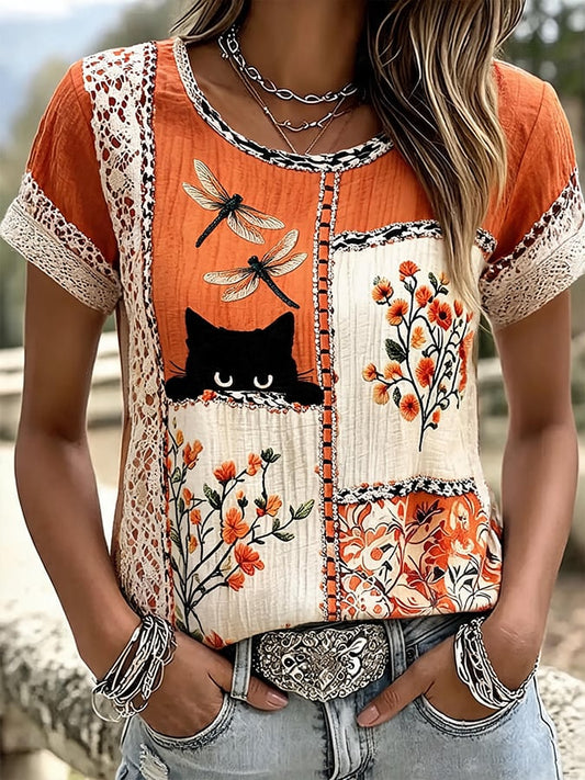 Women'S Animal Cat Floral Print T-Shirt