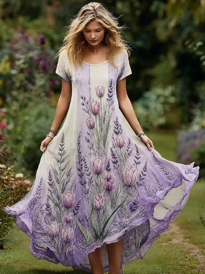 Women's Purple Tulip Gradient Print Alzheimer's Disease Awareness Casual Dress