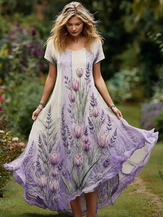 Women's Purple Tulip Gradient Print Alzheimer's Disease Awareness Casual Dress