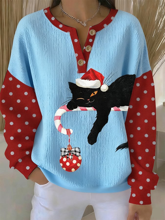 Women's Christmas Cat Print Casual Sweatshirt