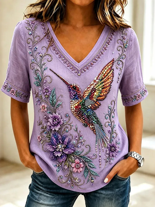 Women's Vintage Classy Purple Floral & Hummingbird Embroidery Art Short Sleeve Linen T-shirt