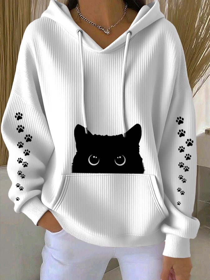 Women's Casual Black Cat Textured Hoodie