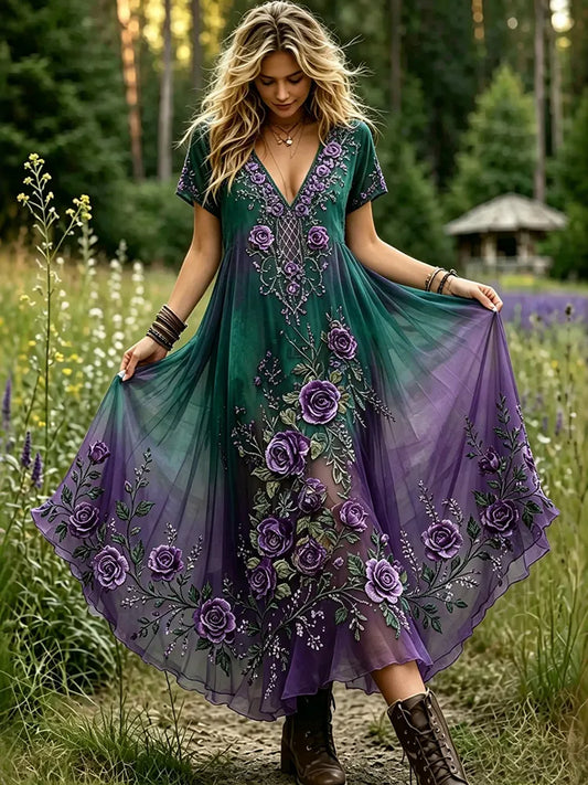 Women's Vintage Purple Floral Gradient Art Embroidered Linen Casual V Neck Dress