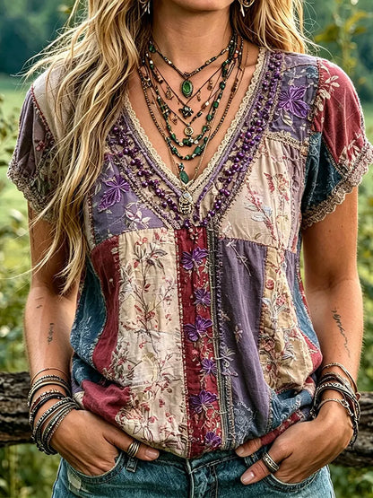 Vintage Patchwork Floral Butterfly Embroidered Boho Top