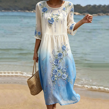 Women's Purple Rose Floral Gradient Pattern Mid-sleeve Casual Dress