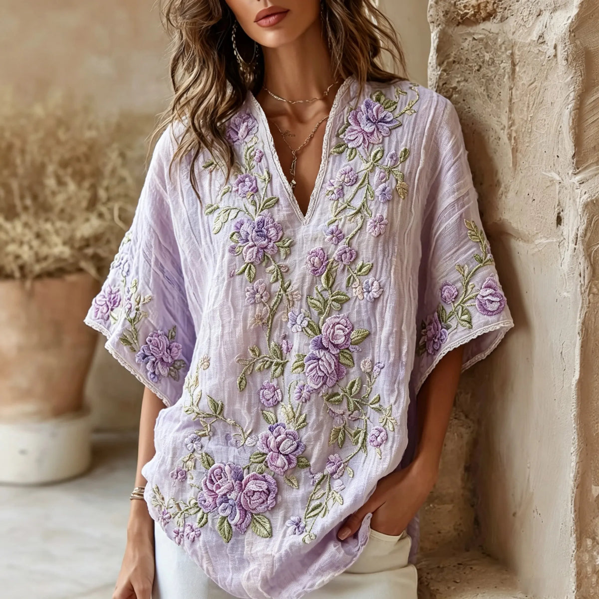 Women's Retro Purple Floral Art Embroidery Linen Blend V-neck Short Sleeve T-shirt