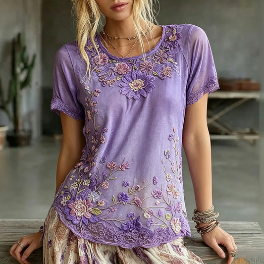 Women's Retro Floral Art Embroidery Cotton Linen Casual Round Neck T-shirt