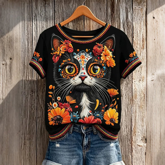 Women's Retro Vacation Floral Cat Skull Design Cotton Linen Crew Neck Short Sleeve T-shirt