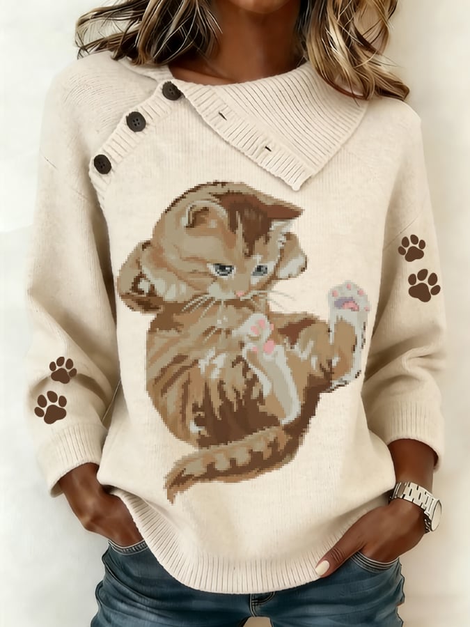 Women's Animal Cat Print V-Neck Knit Sweater