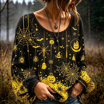 Women's Halloween-themed Spiderweb And Pumpkin Embroidered Print Top