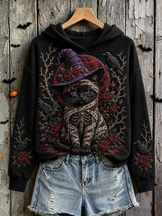 Women's Halloween Black Cat Art Print Casual Hoodie