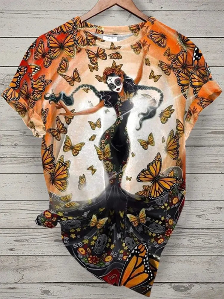 Mexican La Catrina In Butterfly Dia De Los Muertos Art Pattern Print Cotton Graphic T-Shirt