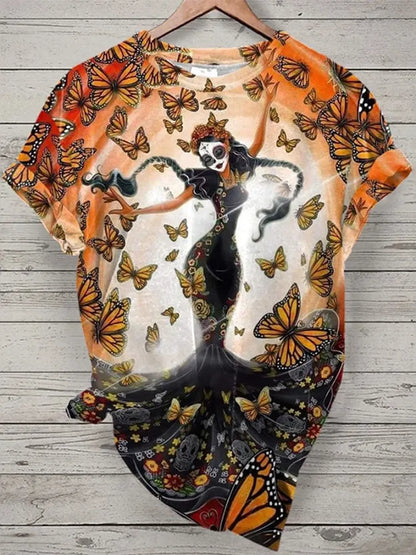 Mexican La Catrina In Butterfly Dia De Los Muertos Art Pattern Print Cotton Graphic T-Shirt