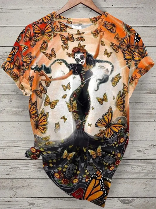 Mexican La Catrina In Butterfly Dia De Los Muertos Art Pattern Print Cotton Graphic T-Shirt