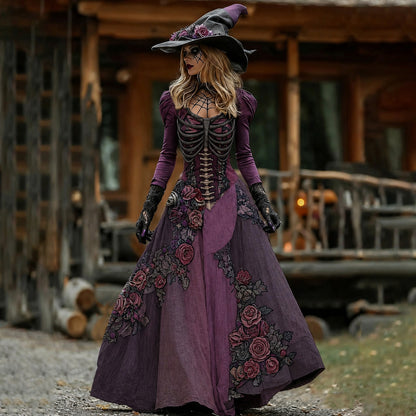 Vintage Witch Skull Rib Cage Rose Pattern Maxi Dress