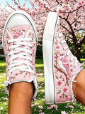 Women's Breast Cancer Flowers and Birds Print Flat Canvas Shoes