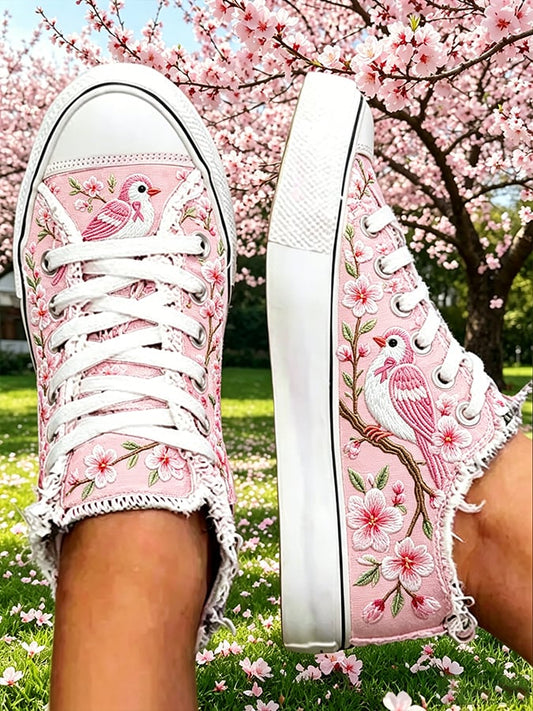 Women's Breast Cancer Flowers and Birds Print Flat Canvas Shoes