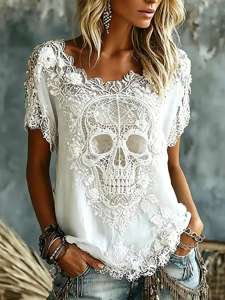 Women's Vintage Skull Floral Art Linen Blend Short Sleeve Tops