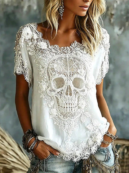 Women's Vintage Skull Floral Art Linen Blend Short Sleeve Tops
