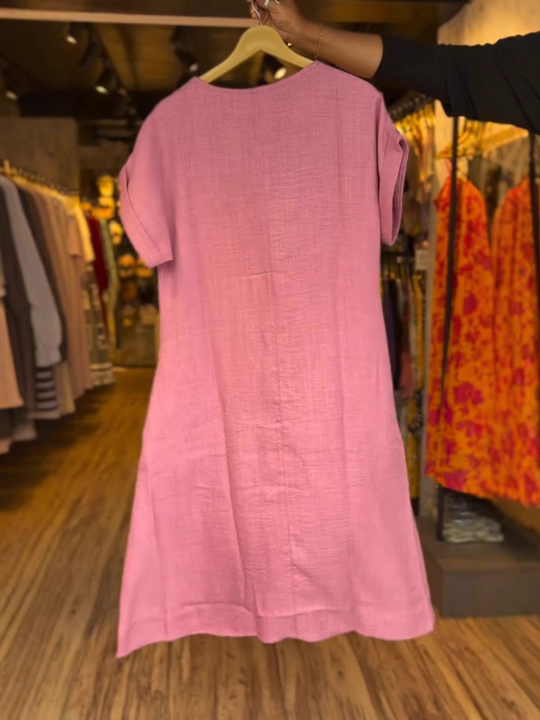 Solid Color Linen Dress With Two Pockets