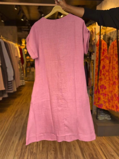 Solid Color Linen Dress With Two Pockets